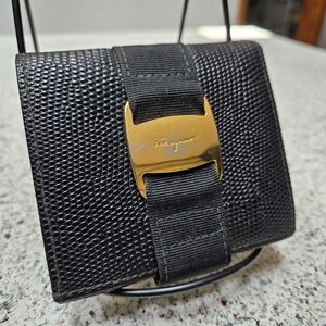 Salvatore Ferragamo Black Pebbled Italian LEATHER Wallet with Gold Faceplate